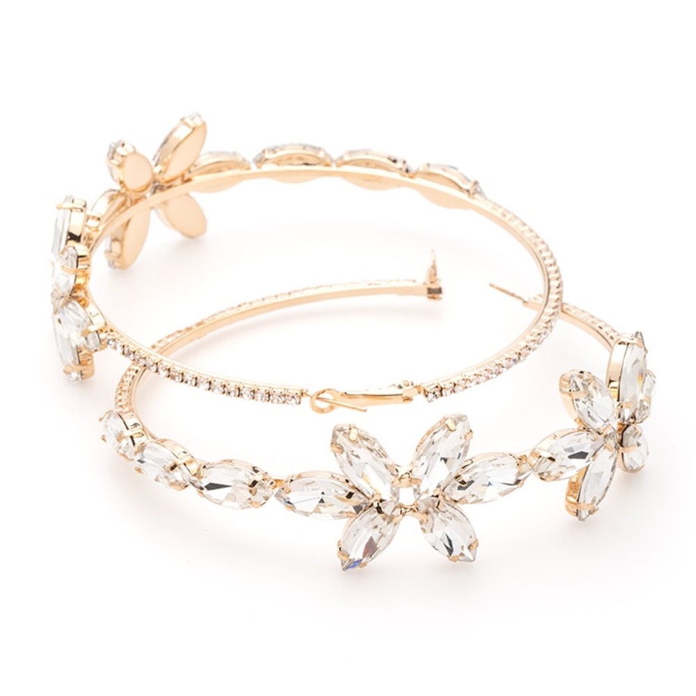 Gold Colorful Crystal Flower Hoop Statement Earrings